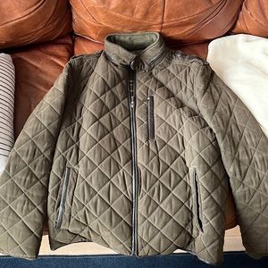 Cole Haan quilted puffer jacket in olive green.